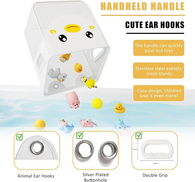 Ligereza Quick Fetch Way Bath Toy Storage, Cute Mesh Bath Toy Organizer, Large Capacity and Large Opening Baby Bathtub Toy Holder for Tub, Multipurpose Mesh Shower Bag (White)