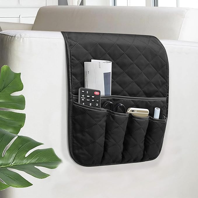 Armchair Caddy for Recliner, Non Slip Sofa Arm Organizer, Black | 5-Pocket Recliner Armrest Organizer, Couch Side Storage Holder for Remotes, Cell Phone, Magazines & Tablets, Machine Washable