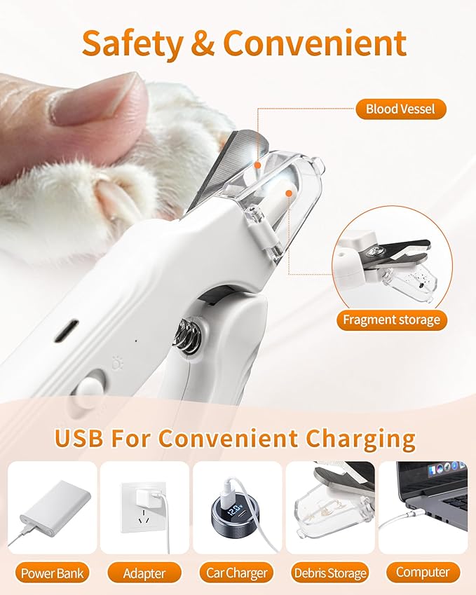 2-in-1 Dog & Cat Nail Clippers Grinder with Light – Quiet Electric Pet Nail Trimmer, USB Rechargeable, Safety Guard & Quick Sensor Prevent Overcutting, Grooming Tool for Small Medium Large Pets