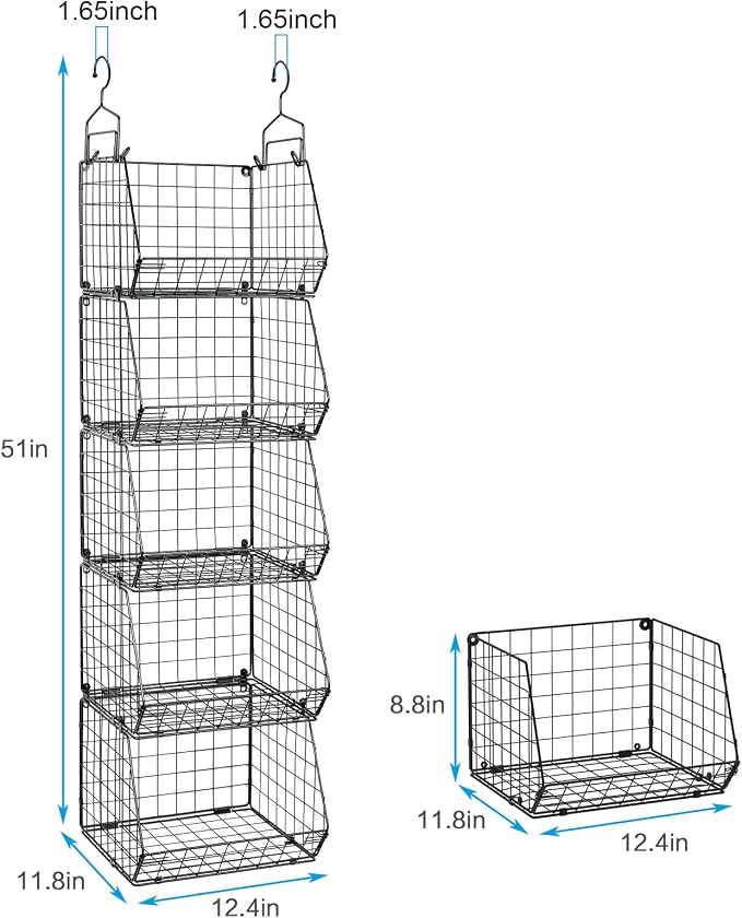 X-cosrack 5 Tier Closet Hanging Organizer, Clothes Hanging Shelves with 4 Hanging Hooks 5 S Hooks, Wire Storage Basket Bins, for Clothing Sweaters Shoes Handbags Clutches Accessories Patent Design