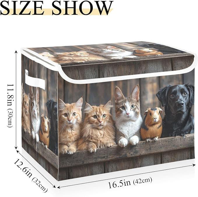 Dog Cats Fence Large Storage Bins with Linen Foldable Storage Cubes Fabric Closet Organizer Containers box with Flip-Top Lid for Home Office Closet 16.5” x 12.6” x 11.8”