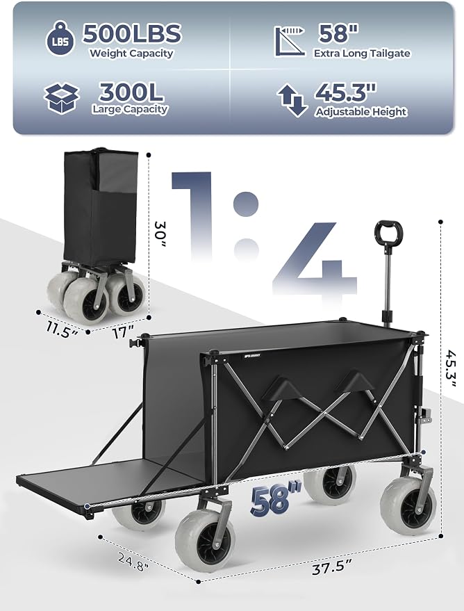 Heavy Duty Beach Wagon with 58" Expandable Tailgate, 300L, for Sand | 500 lbs Capacity, 9"x4" All-Terrain PU Wheels with Brakes, Quick Fold Utility Wagon for Camping, Sports & Grocery