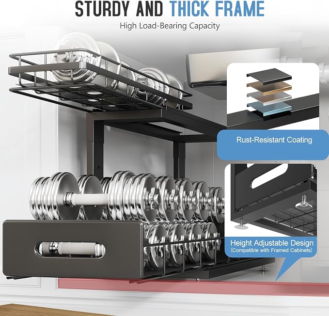 Under Sink Organizer Upgrade To Professional Rails,2-Tier Dual Pull Out Cabinet Storage,Height Adjustable Slide Out Drawers For Bathroom Kitchen,2 Pack-18.5"Dx12.8"-16.9"H,Black