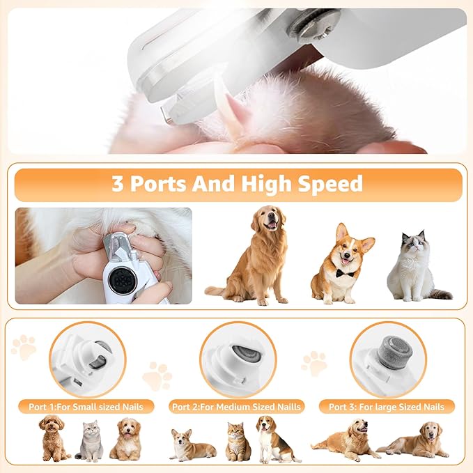 2-in-1 Dog and Cat Nail Grinder and Clipper - 3-Speed Adjustable Electric with Manual Head, Quiet Motor and LED Light for Safe Trimming, Professional Grooming Tool for All Pets