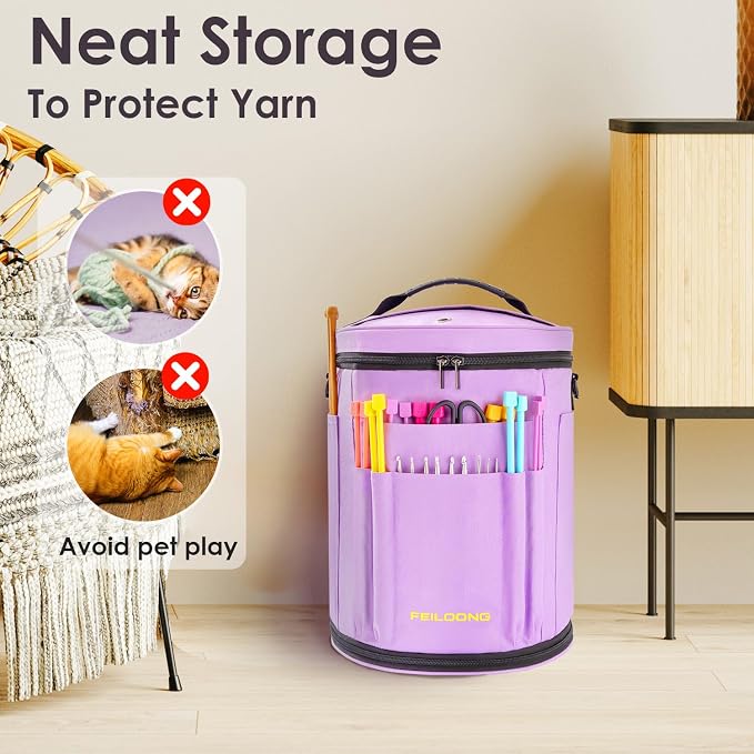 FEILOONG Yarn Bag Organizer, Expandable Crochet Knitting Storage, Purple | Large Capacity, Portable with shoulder strap, Durable Fabric, Multiple Pockets, Expandable, Come with Accessories Case