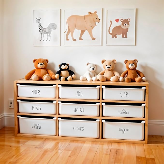 Hygge & Sage Nursery Organization and Kids Room Organization Label Stickers | 144 Clear Preprinted Stickers with Black Print | Easy to Remove Labels for Kids Playroom Storage or Nursery Storage