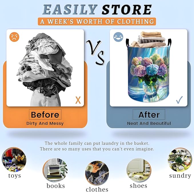 Hydrangea Floral Laundry Basket, Colorful Blooming Flower Art Storage Hamper, Round Collapsible Waterproof Cloth Bin, 19.7x15.7 Inch Elegant Clothes Organizer Gifts for Bathroom Decor