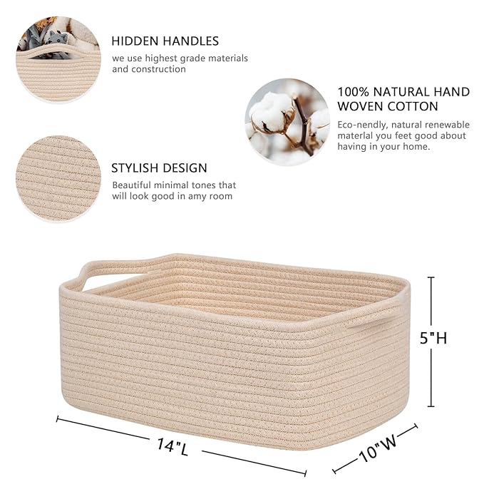 CubesLand Cute and Durable Small Cotton Rope Basket for Organizing | Woven Closet Storage Bin,Shelves Closet Storage Basket, Bathroom Storage Organizer Bin, Nursery Toy Basket Bin, Beige Basket