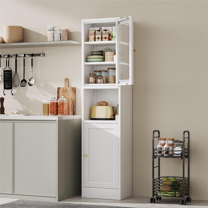 YAUWOH Metal Storage Cabinet with Glass Door, Tall Slim Pantry Organizer with 3 Adjustable Shelves (120LBS/Shelf), Anti-Tipping Waterproof Cabinet for Kitchen/Home Office/Small Spaces,(1PC,White)