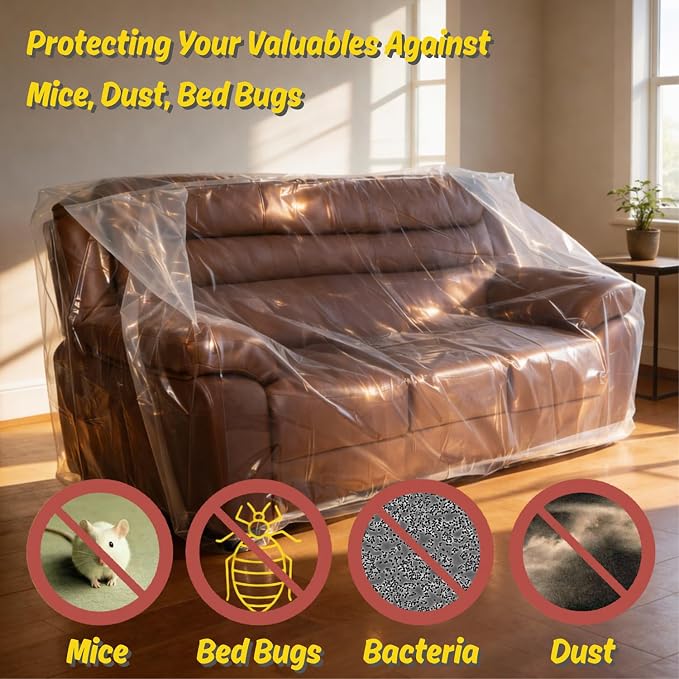 Wowfit 4mil Couch Cover for Moving, Clear Sofa Storage Bag, 92Wx42Dx62/41H | With Tape Strips & Labels, Heavy Duty, Tear-Resistant, Waterproof, Reusable, Oversized/3-Seat Sofa, Long-Term Garage Storage