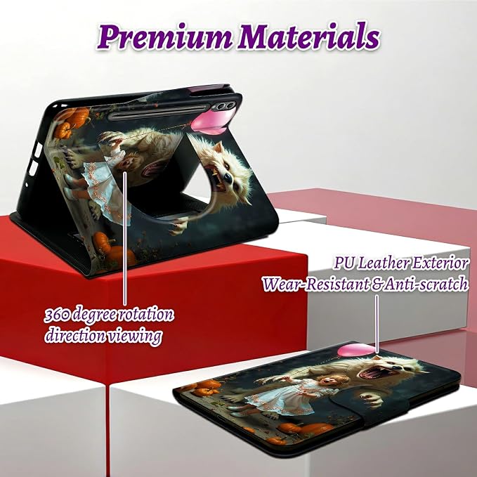 Rotating Handle Case for Samsung Galaxy Tab S10+ Plus 2024/S9 FE+ Plus/S9+ Plus 12.4" 2023, 360 Degree Swivel Kickstand with Magnetic Closure Leather Cover, White Tiger Balloon Girl