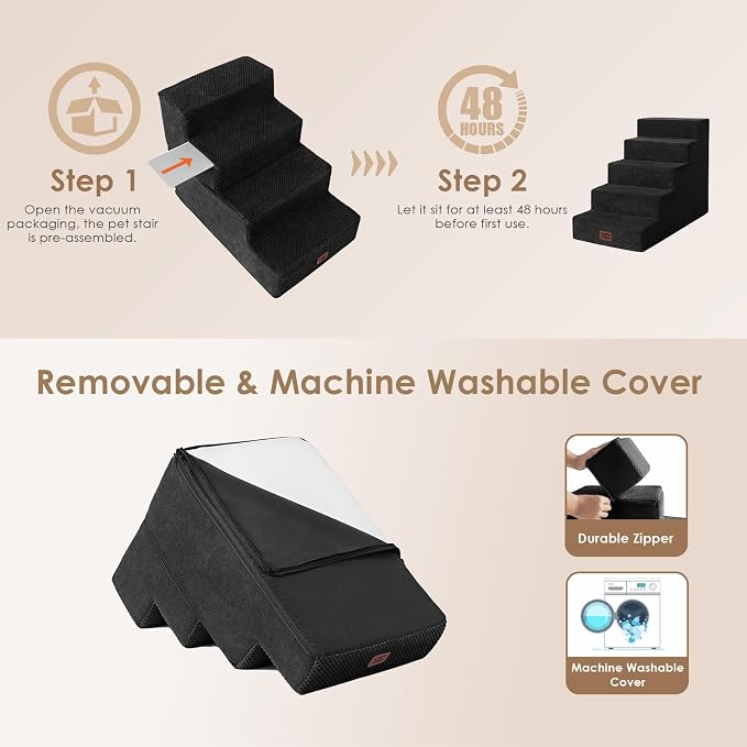 EHEYCIGA Dog Stairs for High Bed 22.5" H, 5-Step Extra Wide Dog Steps for Bed, Pet Steps for Small Dogs and Cats, Non-Slip Balanced Pet Ramp Indoor, Black