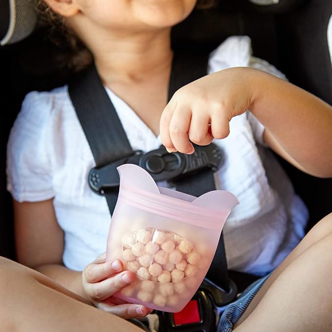 Zip Top Reusable 100% Silicone Baby + Kid Snack Containers - The only containers that stand up, stay open and zip shut! No Lids! Made in the USA - Pink Pig