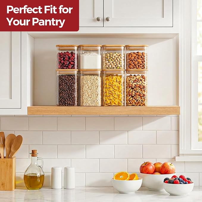 Glass Pantry Storage Containers with Lids 1/1.6 Qt 6 Pack Square | Pantry Organization, Stackable Design, Flour Sugar Coffee Beans Pasta Cereal Dry Food Storage,Kitchen Cabinet Organizer