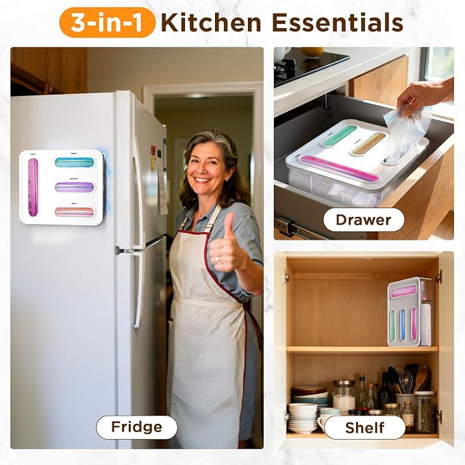 OUTXE Bag Organizer for Drawer + Fridge, Magnetic Kitchen Baggie Storage | Pantry Organization for Ziplock Plastic Food Bags | Compatible with Snack Sandwich Quart Gallon (White) | Pantry Organization for Ziplock Plastic Food Bags | Compatible with Sna...