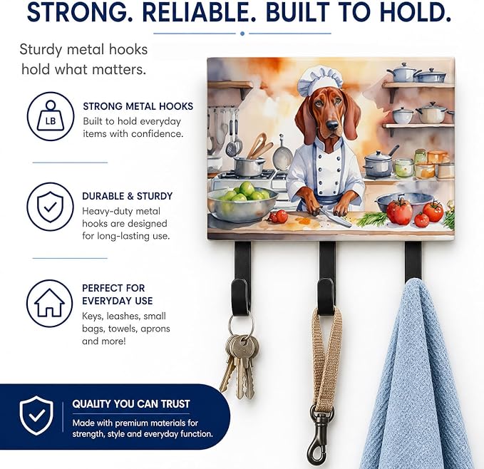 Caroline's Treasures Redbone Coonhound The Chef Leash or Key Holder Wall Hooks, Key Hooks Holder, Coat Rack Wall Mount, Coat Hooks, Hooks for Hanging Keys, Towels, Aprons, Leashes | Redbone Coonhound The Chef artwork on ceramic tile with three steel ho...