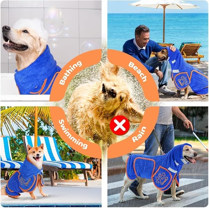 SlowTon Dog Bathrobe Drying Coat – Super Absorbent Microfiber Towel Wrap with Adjustable Collar & Belly Strap, Fast Drying Bath Robe for After Bath Swim, for Large, Medium, Small Dogs (Blue M)