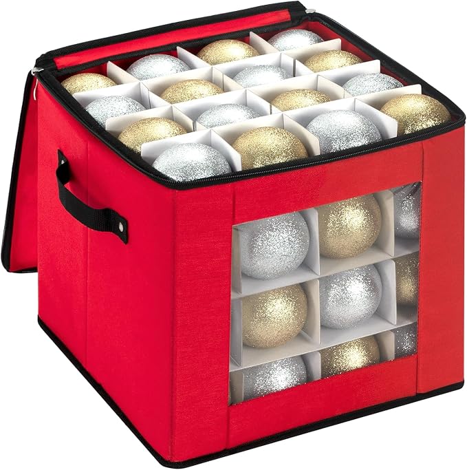 DIMESHY Christmas Ornament Storage Box Holds 64 Holiday Decorations,RED | Ornament Storage Container with Two Sturdy Carrying Handles,Adjustable Dividers,Holds Up to Christmas Ornaments by DIMESHY