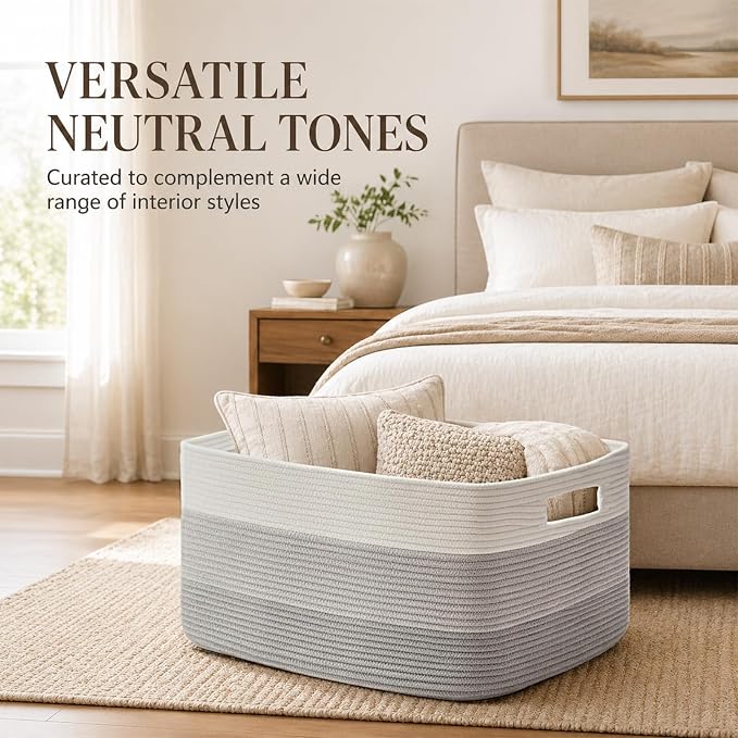 OIAHOMY Large Blanket Basket, 22”x17”x12” Rectangle Woven Baskets, Nursery Blanket Storage Living Room, Toy Storage With Handle, Large Baskets for Organizing-Gradient Grey (Pack of 2)