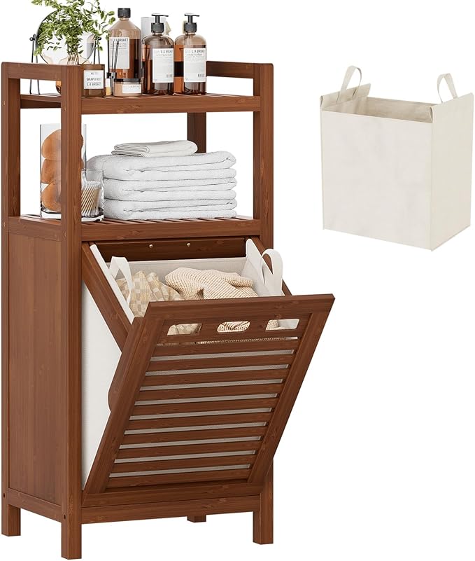 Homykic Tilt Out Laundry Hamper Cabinet, 10 Gal Bamboo Laundry Organizer | Wooden Laundry Basket with Removable Bag, Hidden Hamper with Shelf for Clothes, Bathroom, Laundry Room, Space Saving, Walnut