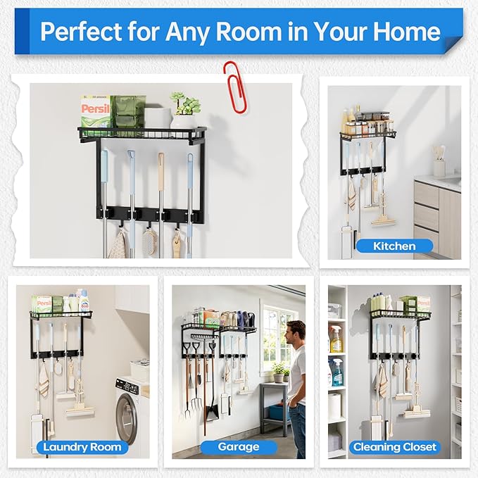Broom Holder Wall Mount, Mop Organizer with Cleaning Tools Storage Shelf | Sturdy Metal Barn Cleaning Supplies Holder Gripper Hooks, Utility Hanger Closet Organizer for Home Improvement Garage Kitchen