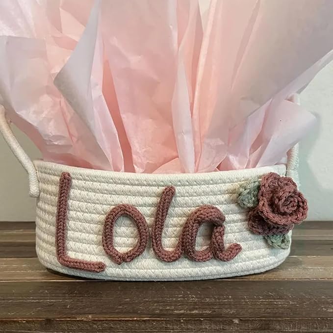 Personalized Cute Small Woven Basket with Handles, Custom Cotton Rope Room Shelf Storage Basket, Empty Decorative Gift Basket, Decorative Round Bin for Nursery Bedroom Bathroom (Style B)