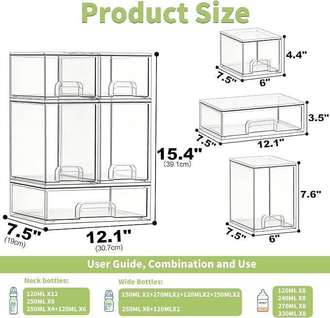 Bottle Storage Organizer Baby: Acrylic Stackable Storage Drawers | Clear Bottles Station Organizer for Countertop, Vanity, Bathroom, Cabinet Organization - 5 Pack