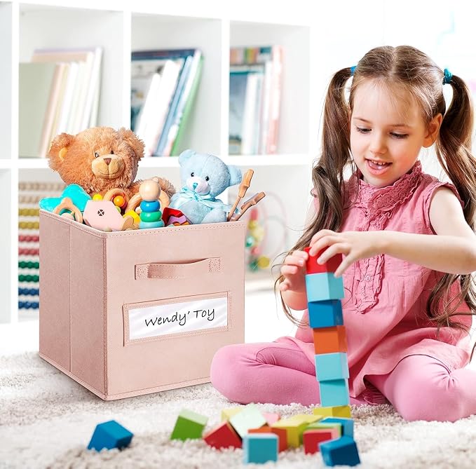 13x13x13 storage cube bins(Set of 10) Fabric storage cubes with 10 Labels Window Cards & a Pen, storage cubes 13x13, Collapsible 13 inch cube storage bins, Cubby Organizer Boxes, Pink
