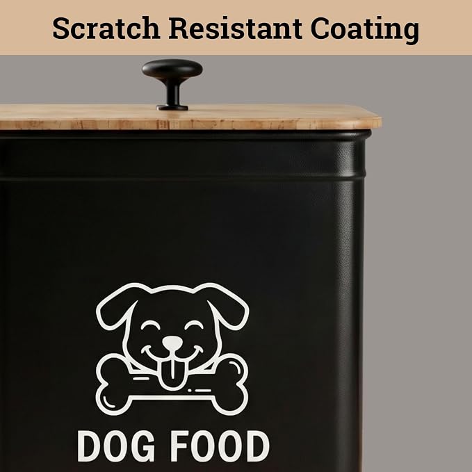 Metal Dog Food Container 5-7lb, 25 Cup w/ Airtight Bamboo Lid, Metal Handle | Pet Jar For Dogs up to 50lbs, Airtight Bamboo Lid, Sturdy Comfortable Metal Handle, Powder Coated Iron, Kibble Storage Bin