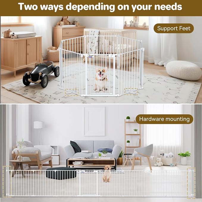 Kfvigoho Dog Gate 27.5"-199" Extra-Wide Playpen, Freestanding Pet Gate | Puppy Fence with Auto-Close Door, Double Locking System for Fireplace, Foldable White, 8 Panels