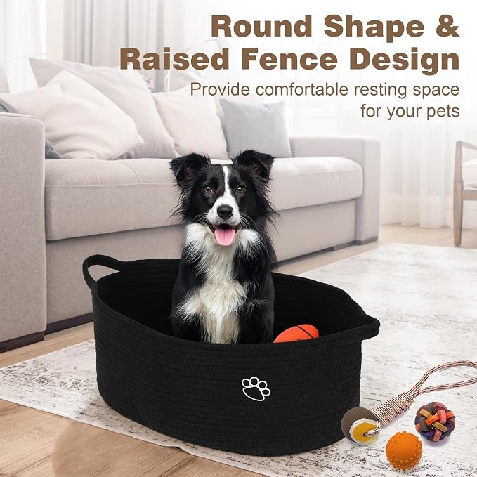Optish Dog Toy Basket, 30L Toy Box and Bin for Dog Cat Storage, 19.7" X 11" X 7.9" Large Woven Rope Basket for Blankets, Living Room, Bedroom, Black
