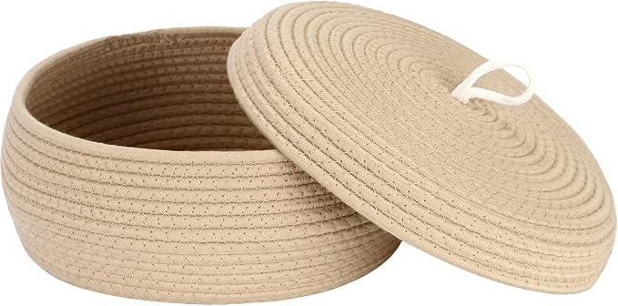 Sea Team Round Woven Cotton Rope Storage Basket with Lid, Khaki | Lidded Knitted Decorative Storage Bin, Pot, Caddy, Organizer, Container for Snacks, Towels, Plants, 13 x 5.5 Inches
