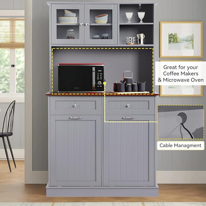 68.4" Kitchen Pantry Storage Cabinet, Freestanding Cupboard with Shelf, 2 Drawers and 2 Tilt Out Trash Cabinet, Tall Cabinets for Kitchen, Dinning Room, Living Room (Elegant Grey, Double Tilt)