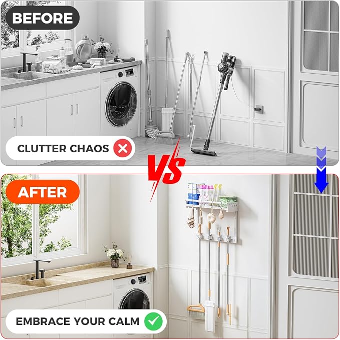 Broom Holder Wall Mount with Shelf,Broom Hanger with 4 Hooks,Broom and Mop Organizer Wall Hanging for Laundry,Garage, Utility,Broom Rack,Cleaning Supplies Organizer and Tool Storage,White