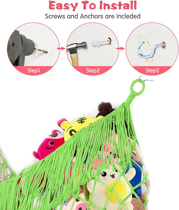 Stuffed Animal Hammock - Extra Large 63'' Long (Apple green) | Premium Cotton Hand-knitted, Beautiful Long Tassel, Storage Hanging Organizer, Can Fit Stuffed Animals 40 Piece or More