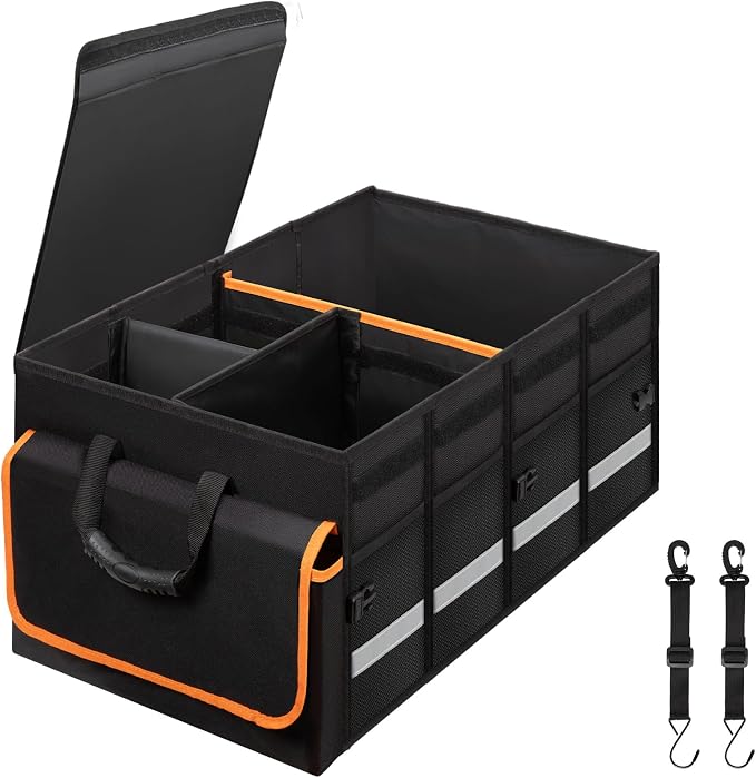 GDNasist Car Trunk Organizer and Storage for Car, SUV & Sedan | Collapsible Trunk Organizers with Lid, Car Accessories for Women Men, 2 Removable Dividers for Custom Space, Interior