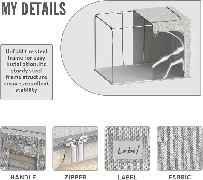4 Pack Clothes Storage Bins with Metal Frame - 100L Stackable Storage Box with Lid，Foldable Storage Container Organizer for Clothes，Linen Fabric Storage Box with Clear Window＆Zippers＆Handles