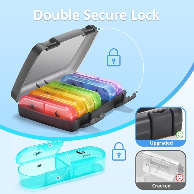 Fullicon Large Portable Pill Organizer 2 Times a Day, Black Rainbow | Each Compartment Holds 10 Fish Oils or 16 Vitamins, Lid Stays Open Reliably, Double Secure Lock, Durable Hinges, Fits Purse