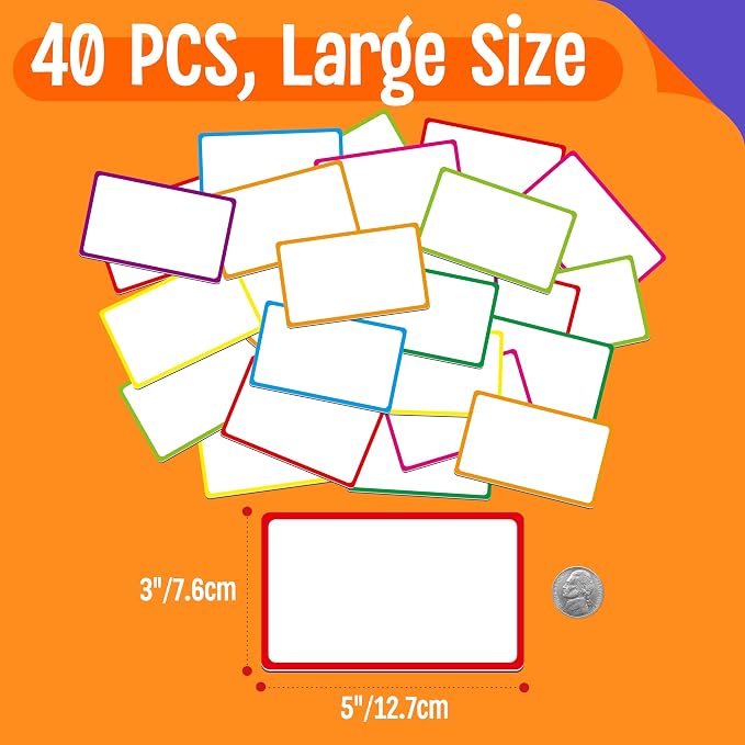 Magnetic Colorful Labels, 40 PCS Dry Erase Reusable Neon Name Tag Stickers Frame in 8 Colors for Whiteboards Locker Fridge School Office Home (Each Measures 3" x 5")
