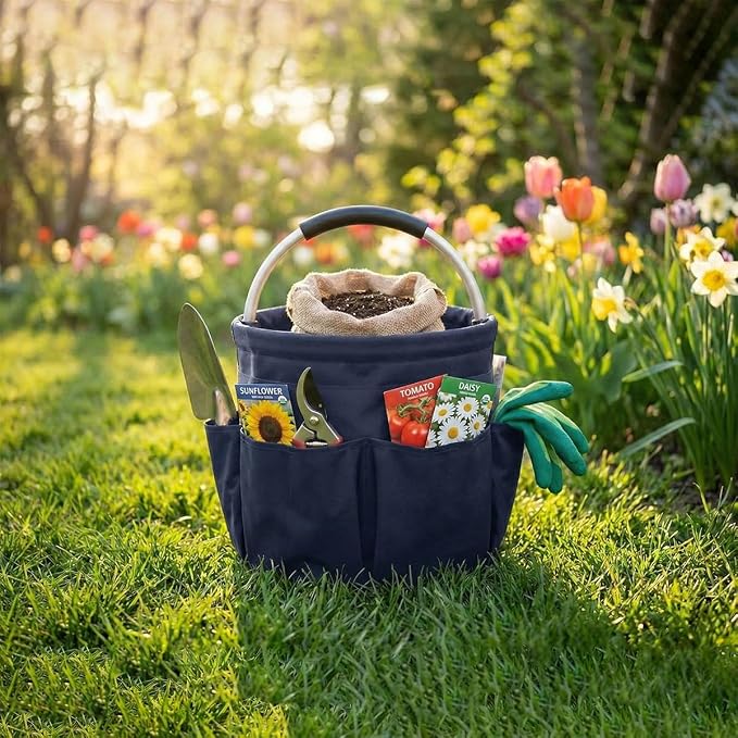 Foldable Cleaning Caddy with Handle 17L Large Cleaning Supplies Organizer 600D Oxford Portable Bucket Basket with 6 Pockets for Home Bathroom Garden Garage - Blue