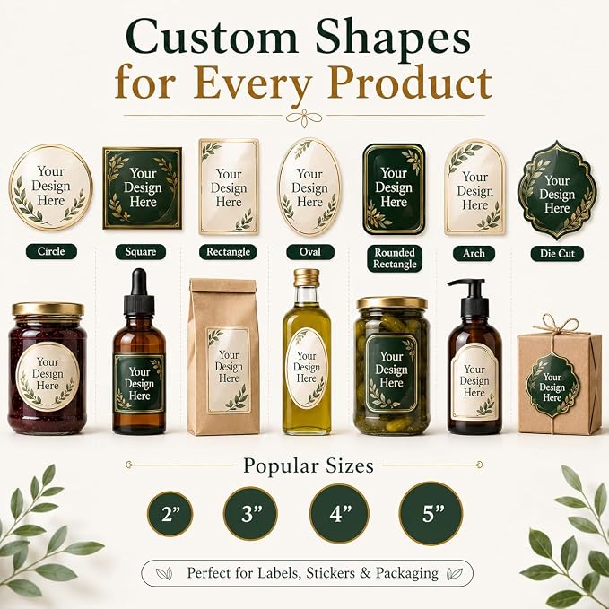 Custom Food Packaging Labels - Product Waterproof Vinyl Stickers | or Coffee Bags, Tea Pouches, Spice Jars, Snack Bags, Cookie Boxes, Food Containers, Glossy Custom Product Labels