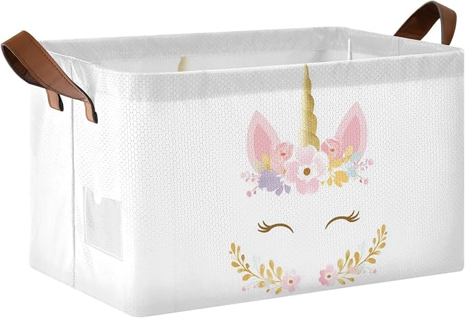 Pink and Gold Cute Unicorn Storage Basket Foldable Cube Storage Bins with Handles&Label Waterproof Collapsible Organizer Box Bin Large Rectangle Decorative Baskets for Shelves Home Room Laundry
