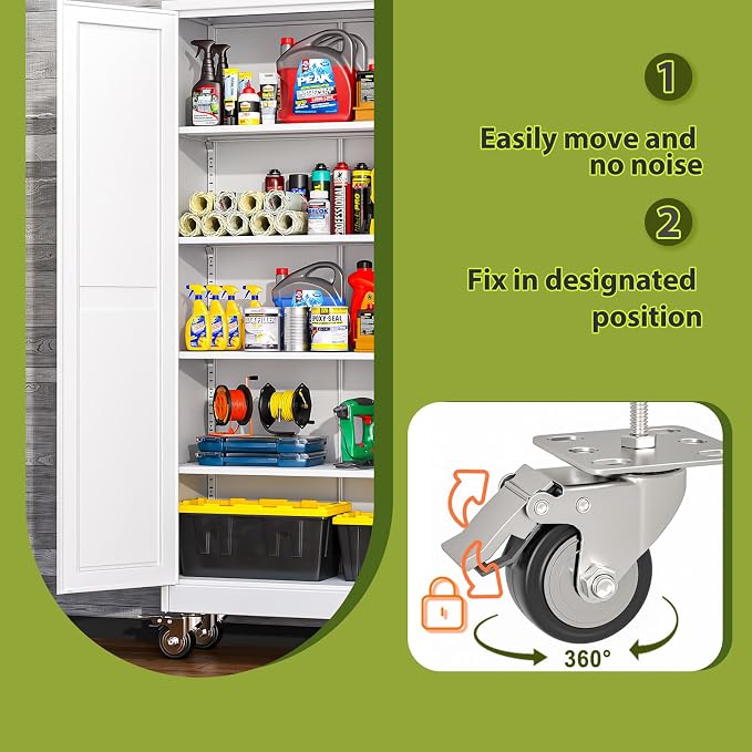 61-Inch Metal Garage Storage Cabinet with Wheels, Locking Doors and Shelves | 3 Adjustable Shelves, Locking Doors, Magnetic Closure, 360° Casters, Anti-Tip Kit, Cold-Rolled Steel