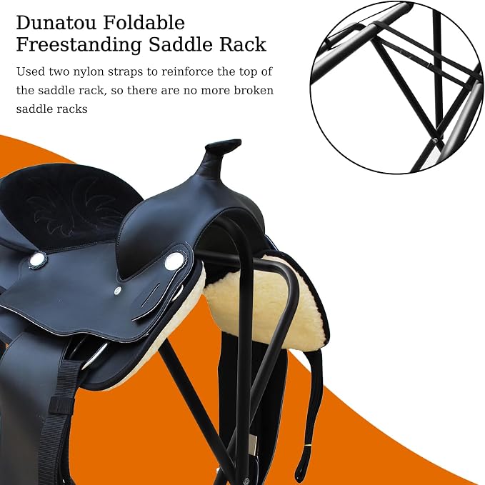 Dunatou Foldable Saddle Rack with Bottom Storage Shelf – Heavy Duty Horse Saddle Stand for English & Western Saddles, Portable Blanket Holder & Saddle Pad Rack for Tack Room, Barn & Trailer, Black