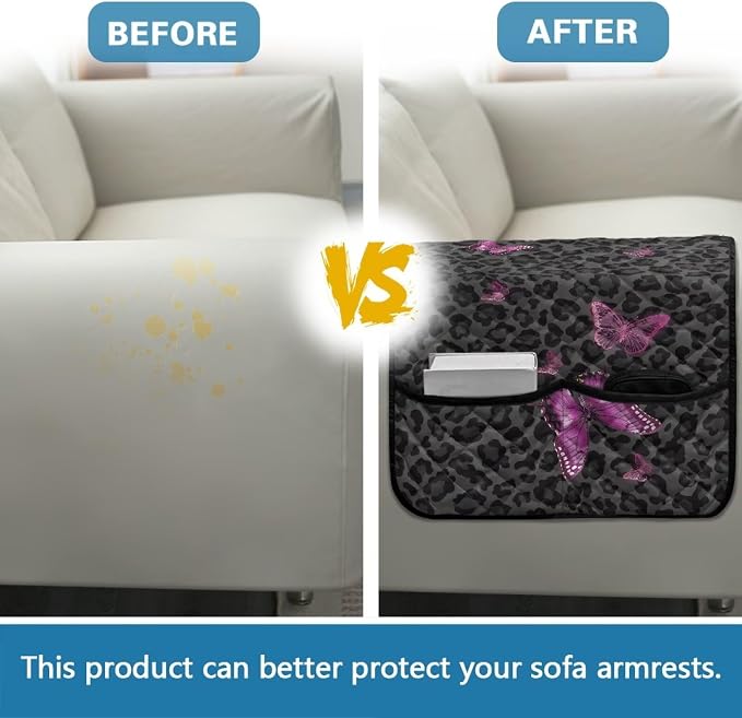 Leopard Butterfly Stretch Armrest Covers Couch Arm Cover Non-Slip Arm Rest Covers with 2 Pockets Armchair Slipcovers for Recliner Furniture Protector Home Decor