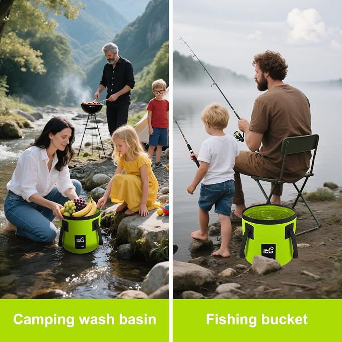 5 Gallon Collapsible Bucket with Handle Car Wash Bucket Cleaning Supplies | Foldable Water Storage Container for Camping Fishing Gardening, Portable Laundry Wash Basin for RV Swamp Emergency Prep Green