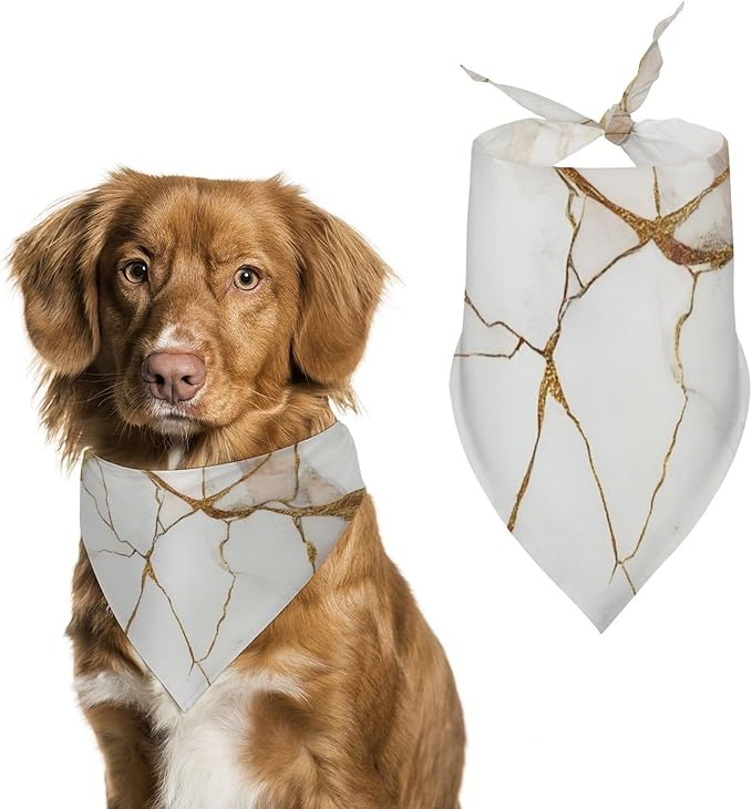 Lightweight Pet Scarf for Small to Large Dogs and Cats, Adjustable Scarves for Costume Accessories, Casual Daily Use (Gold Marble Texture White)