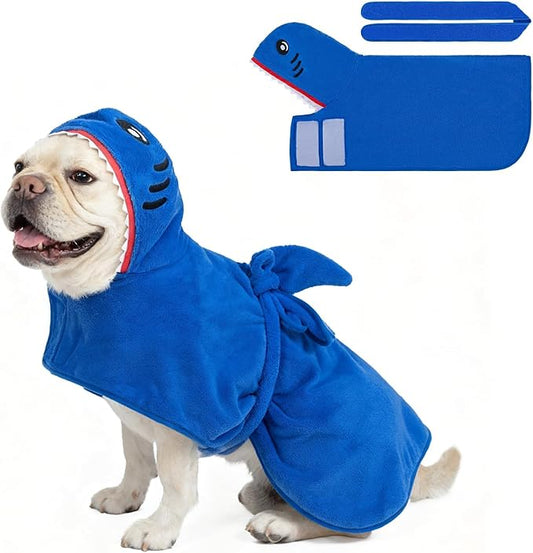 SCENEREAL Dog Bathrobe Fast Drying Towel Microfiber Dog Towel Robe with Hook and Loop Closure & Wrap Tie Snuggle, Super Absorbent Pet Cat Dog Bath Robe Drying Coat, Shark Hood S
