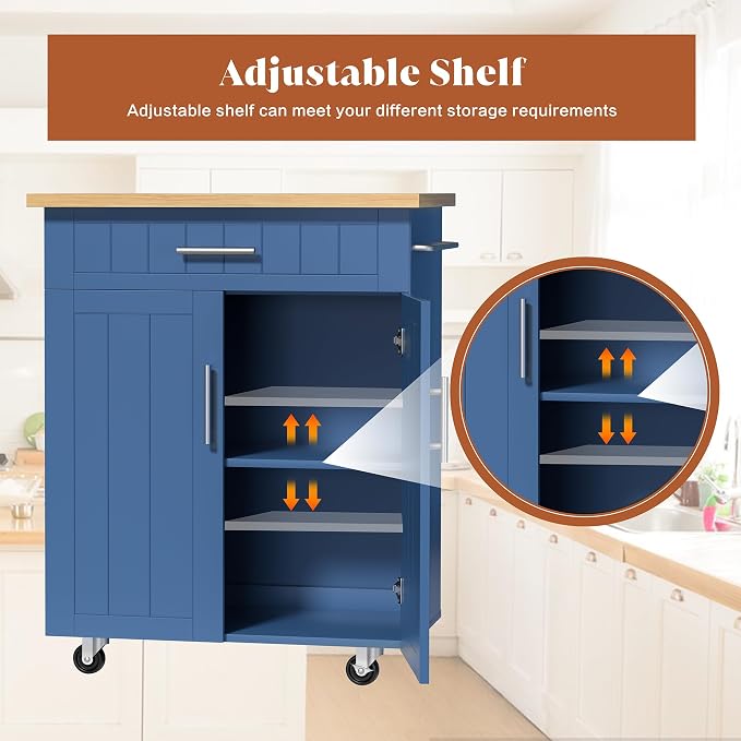 JY QAQA 26" Kitchen Island on Wheels with Storage Cabinet Kitchen Cart Cabinet with Shelves, Cart Handle for Towel Rack or Free Mobility, Portable Islands,Blue