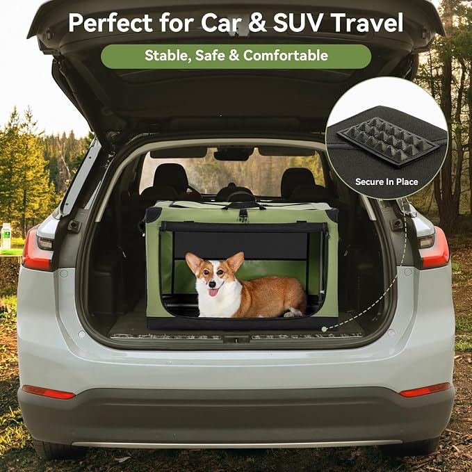 PETSFIT 36" Soft Portable Dog Crate – Patented Spiral Sturdy Frame, Collapsible Travel Kennel for Medium & Large Dogs, 3 Mesh Door, Lockable Zippers, Indoor & Car Use Green